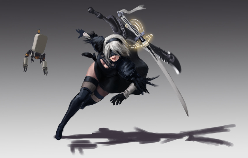 black_boots black_dress black_gloves black_hairband blindfold boots cleavage_cutout covered_eyes dress gloves hairband high_heel_boots high_heels highleg highleg_leotard highres l3monjuic3 leotard mole mole_under_mouth nier_(series) nier_automata pod_(nier_automata) ribbed_dress side_slit weapon_on_back yorha_no._2_type_b