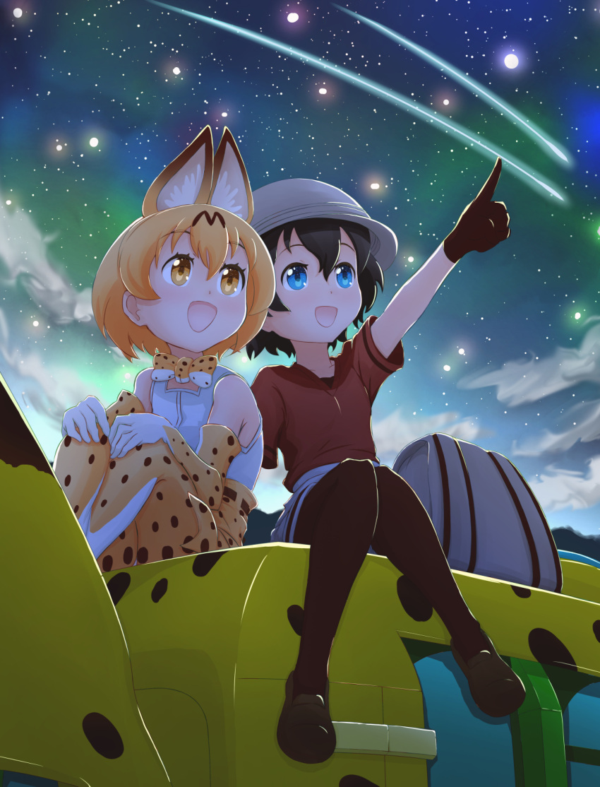 2girls :d animal_ears armpit_peek backpack bag black_gloves black_hair black_legwear blue_eyes brown_eyes bus clouds cloudy_sky elbow_gloves gloves ground_vehicle highres kaban kemono_friends light_brown_hair motor_vehicle multiple_girls night night_sky open_mouth pantyhose pointing pointing_up polka_dot serval_(kemono_friends) serval_ears serval_print serval_tail shoes shooting_star short_hair sitting sky smile star_(sky) starry_sky tail zennryoku-fourteen