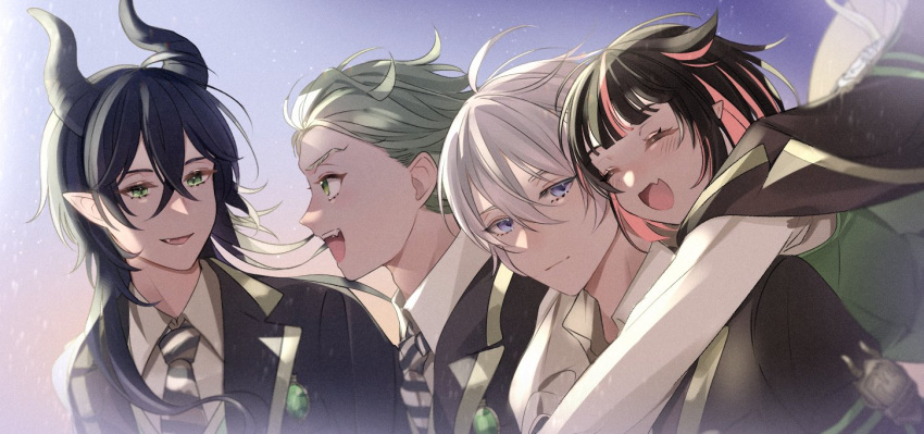 4boys black_hair blush closed_eyes facing_to_the_side facing_viewer green_eyes green_hair lilia_vanrouge looking_at_another malleus_draconia momotetu multicolored_hair multiple_boys open_mouth otoko_no_ko pink_hair pointy_ears sebek_zigvolt short_hair silver_(twisted_wonderland) smile twisted_wonderland violet_eyes white_hair