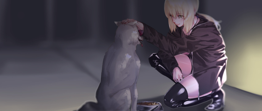 1girl absurdres blonde_hair boots bowl dog dog_food fate/grand_order fate_(series) heavy_breathing highres hood hoodie indoors jewelry kneeling necklace petting ponytail rolua saber saber_alter shorts sitting solo yellow_eyes