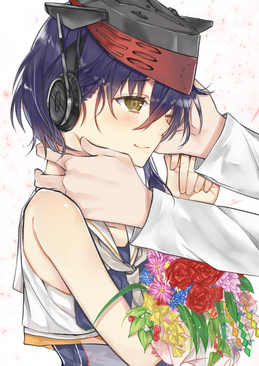 1girl absurdres asymmetrical_hair black_hair bouquet brown_eyes flower hair_between_eyes hand_on_another's_face hands hat headphones highres hoshimiya_nazuna i-13_(kantai_collection) kantai_collection sailor_collar school_swimsuit short_hair simple_background smile solo swimsuit upper_body white_background