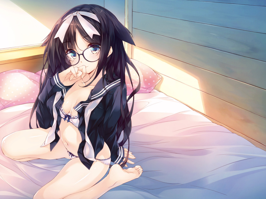 1girl amami_mikihiro arm_behind_back bangs barefoot bed bed_sheet bedroom black-framed_eyewear black_hair blue_bow blue_eyes bow bow_bra bow_panties bra breasts closed_mouth collarbone eyebrows_visible_through_hair glasses hair_flaps hair_ribbon hairband hand_up highres indoors legs_apart light_smile long_hair looking_at_viewer navel on_bed open_clothes original panties pillow polka_dot_pillow ribbon school_uniform serafuku shade sitting small_breasts smile soles solo thighs underwear very_long_hair wallpaper wariza white_bra white_panties white_ribbon