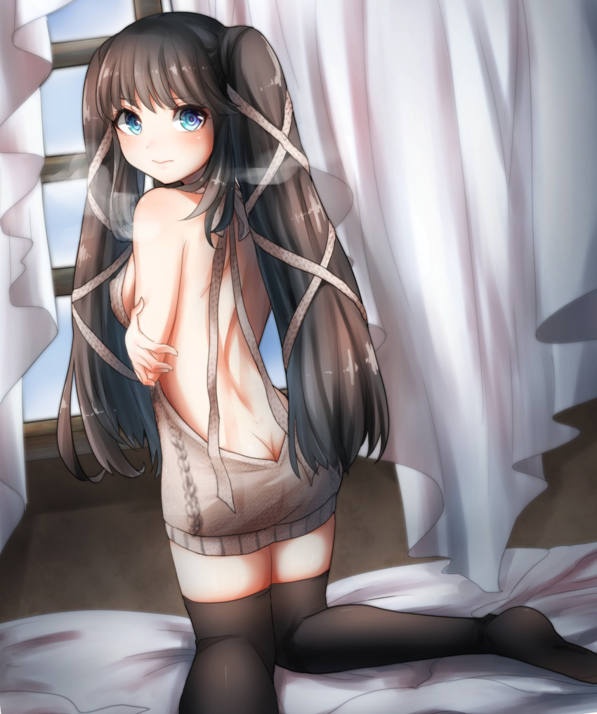 1girl 3: absurdres aran_sweater ass backless_outfit bangs bare_back bare_shoulders bed_sheet black_hair black_legwear blue_eyes blush breasts breath butt_crack chii_in_baru_saba closed_mouth curtains dimples_of_venus drawstring dress eyebrows_visible_through_hair from_behind grey_sweater halterneck highres indoors kneeling knees_together_feet_apart long_hair looking_at_viewer looking_back medium_breasts meme_attire naked_sweater on_bed open-back_dress over-kneehighs ribbed_sweater sideboob soles solo sweater sweater_dress thigh-highs tree_of_savior turtleneck turtleneck_sweater twintails very_long_hair virgin_killer_sweater window