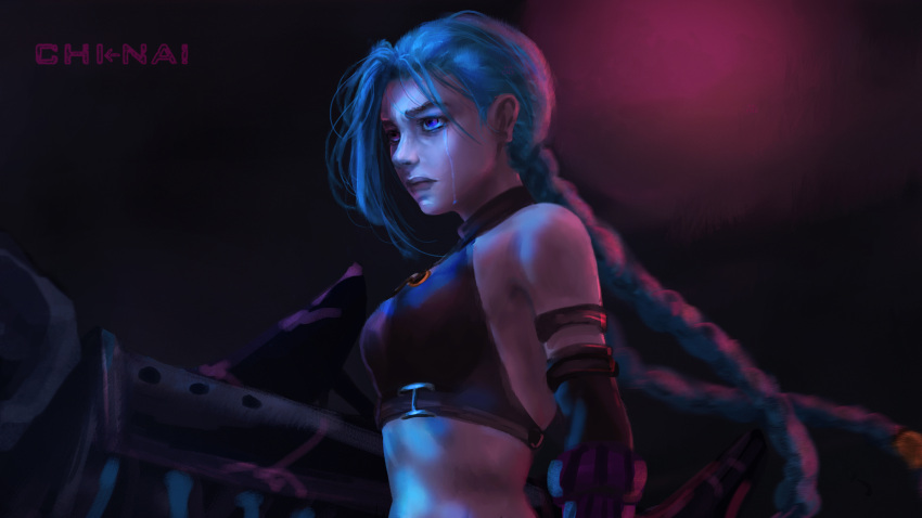 1girl arcane:_league_of_legends bangs bare_shoulders black_background braid breasts closed_mouth detached_sleeves from_side highres holding holding_weapon jinx_(league_of_legends) league_of_legends lefthandchi long_hair medium_breasts red_background rocket_launcher stomach tears twin_braids upper_body weapon