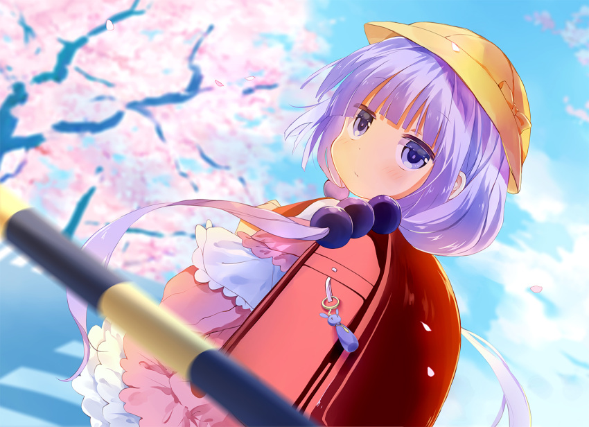 1girl ardbf backpack bag blue_sky blurry capelet cherry_blossoms day depth_of_field hair_bobbles hair_ornament hat kanna_kamui kobayashi-san_chi_no_maidragon lavender_eyes lavender_hair long_hair looking_at_viewer low_twintails petals randoseru school_hat sky solo tree twintails wind