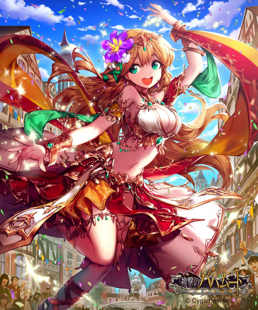 1girl armlet bangs bare_shoulders blonde_hair blue_sky breasts chains city cleavage clouds cloudy_sky commentary_request copyright_name eyebrows_visible_through_hair flower gem green_eyes hair_flower hair_ornament highres jewelry large_breasts lee_hyeseung legband long_hair looking_away looking_to_the_side navel official_art open_mouth outdoors pelvic_curtain people shingeki_no_bahamut sky smile solo_focus sparkle standing standing_on_one_leg tower watermark wristlet