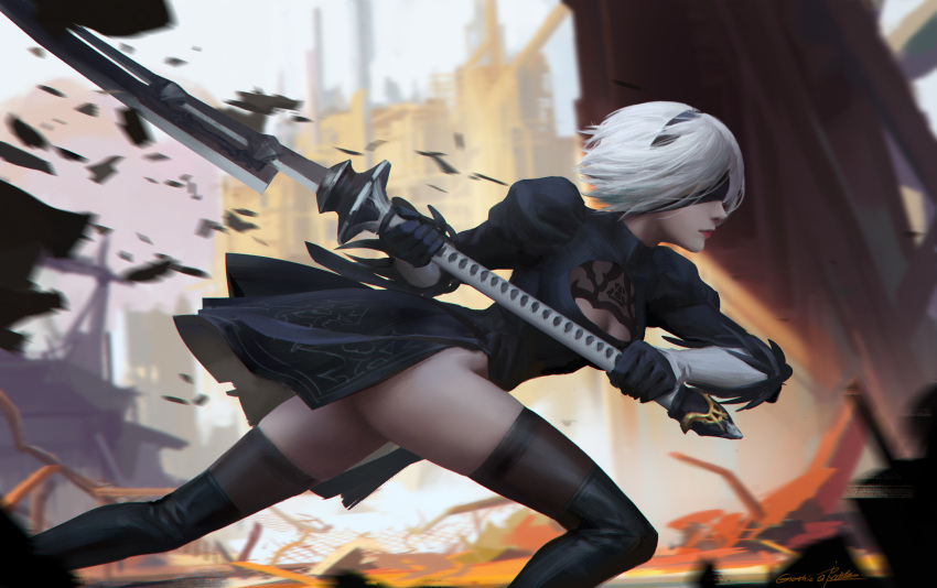 1girl artist_name ass bangs black_boots black_dress black_gloves black_hairband black_ribbon blindfold boots breasts brown_legwear cleavage cleavage_cutout closed_mouth covered_eyes cowboy_shot dress from_side gloves hairband highres holding holding_sword holding_weapon huge_weapon juliet_sleeves katana legs_apart long_sleeves nier_(series) nier_automata nose outdoors profile puffy_sleeves qichao_wang red_lips ribbed_dress ribbon short_dress short_hair side_slit signature silver_hair small_breasts solo sword thigh-highs thigh_boots thighs vambraces weapon yorha_no._2_type_b