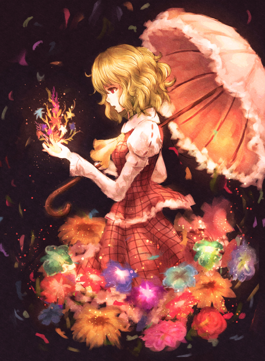1girl arm_up black_background blonde_hair blooming cowboy_shot cravat faux_traditional_media flower highres juliet_sleeves kazami_yuuka light_particles long_sleeves looking_down open_hand open_mouth parasol petals plaid plaid_skirt plaid_vest profile puffy_sleeves red_eyes short_hair skirt solo tonan_(l0l0l0l0l0l) touhou umbrella vest wind