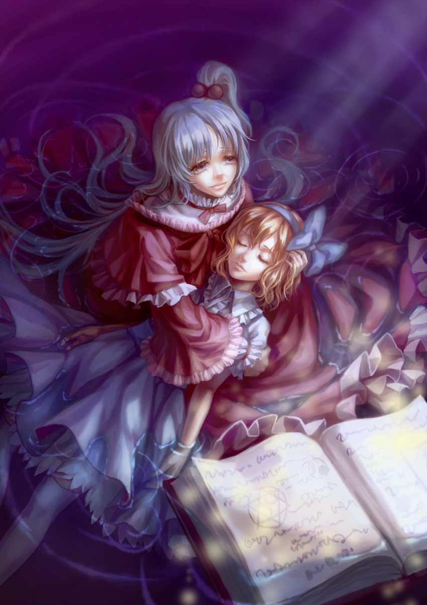 2girls absurdres alice_margatroid alice_margatroid_(pc-98) asymmetrical_hair blonde_hair blue_bow book bow capelet closed_eyes crying crying_with_eyes_open dress frills grey_eyes hair_bow hair_ornament hairband highres jewelry lips long_hair long_sleeves lying multiple_girls puffy_short_sleeves puffy_sleeves red_dress red_ribbon ribbon shinki short_hair short_sleeves silver_hair tears thigh-highs touhou touhou_(pc-98) water white_legwear wide_sleeves windyakuma