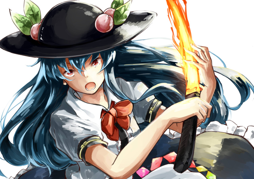 >:o 1girl :o blue_hair bow bowtie deetamu flaming_sword food frills fruit hair_between_eyes hat hinanawi_tenshi holding holding_sword holding_weapon leaf long_hair looking_at_viewer open_mouth orange_eyes peach puffy_short_sleeves puffy_sleeves red_bow short_sleeves simple_background solo sword sword_of_hisou touhou upper_body weapon white_background