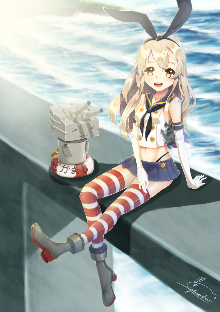 &gt;_&lt; 1girl :3 :d absurdres anchor_hair_ornament brown_eyes closed_eyes cyta_celest elbow_gloves gloves hair_ornament hairband highres kantai_collection long_hair looking_at_viewer machinery navel ocean open_mouth pleated_skirt rensouhou-chan school_uniform serafuku shade shimakaze_(kantai_collection) silver_hair sitting skirt smile striped striped_legwear thigh-highs thong turret white_gloves x3 zettai_ryouiki