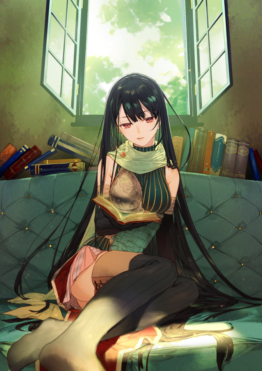 1girl absurdres atelier_(series) atelier_firis barefoot black_hair book clouds couch gloves highres indoors liane_mistlud long_hair official_art red_eyes sitting sky solo takekono thigh-highs very_long_hair window