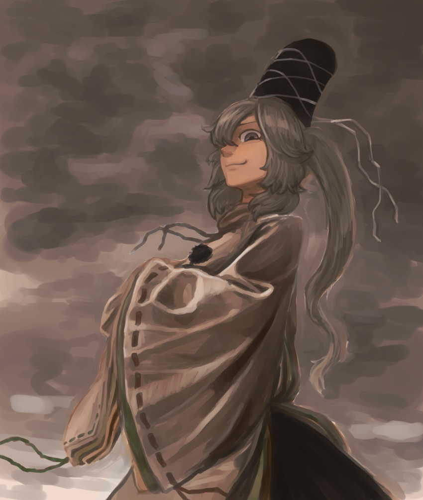 1girl absurdres clouds cloudy_sky cowboy_shot from_side grey_eyes grey_sky hair_over_one_eye hands_in_sleeves hat high_collar high_ponytail highres japanese_clothes kariginu long_hair long_sleeves looking_at_viewer looking_down mononobe_no_futo p!_(flaschenstrahlinge) pom_pom_(clothes) ponytail ribbon-trimmed_sleeves ribbon_trim silver_hair skirt sky smile smug solo tate_eboshi touhou wide_sleeves