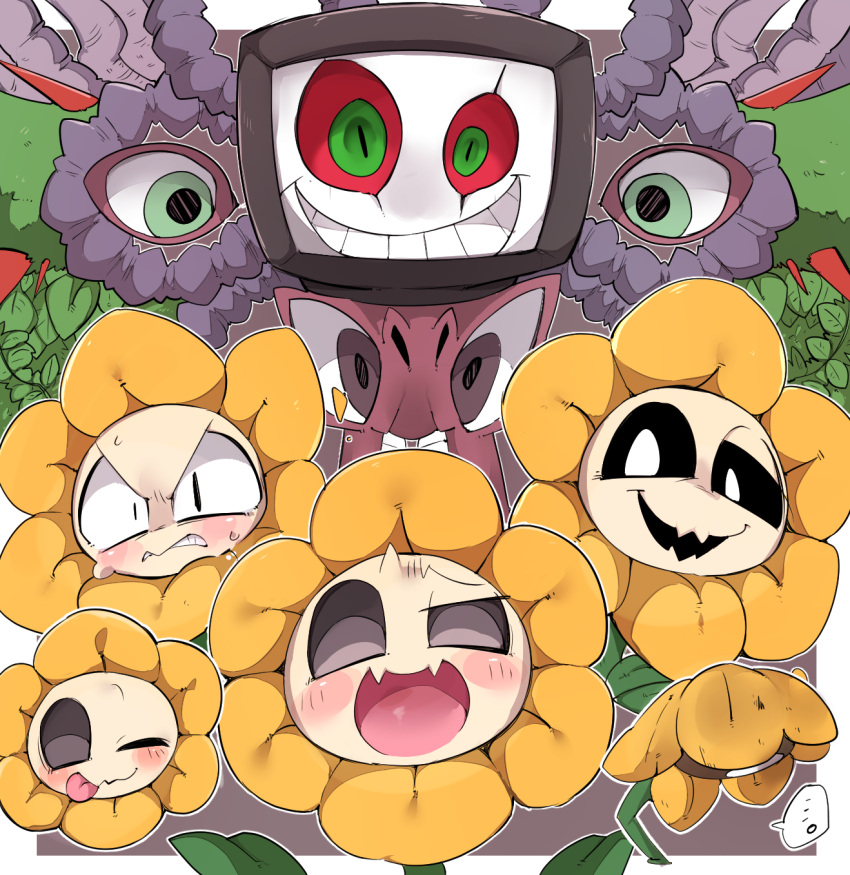 ... 9999gpera :d black_sclera blush crazy_eyes evil_smile extra_eyes fangs flower flowey_(undertale) highres one_eye_closed open_mouth smile spoilers sweat teeth tongue tongue_out undertale