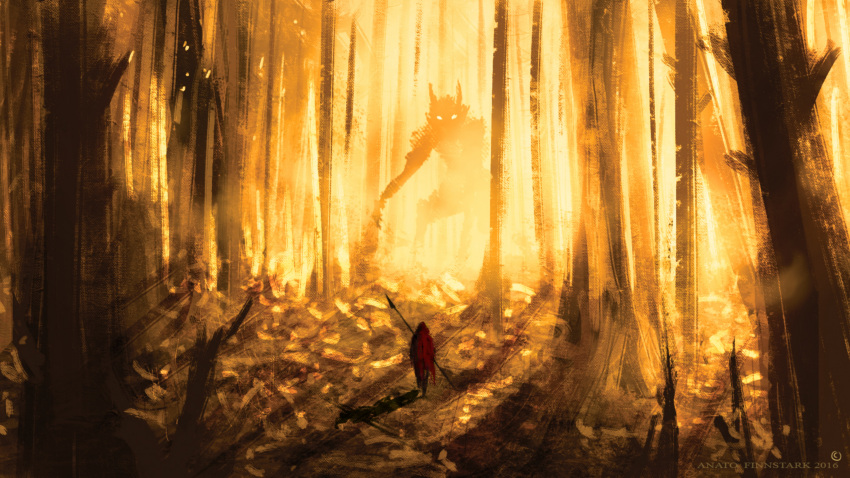 1girl 2016 absurdres anatofinnstark artist_name backlighting battle big_bad_wolf_(grimm) cloak commentary facing_away forest glowing glowing_eyes highres holding holding_spear holding_weapon hood hooded_cloak little_red_riding_hood little_red_riding_hood_(grimm) nature personification red_cloak shadow silhouette size_difference torn_cloak torn_clothes tree_shade walking weapon wolf