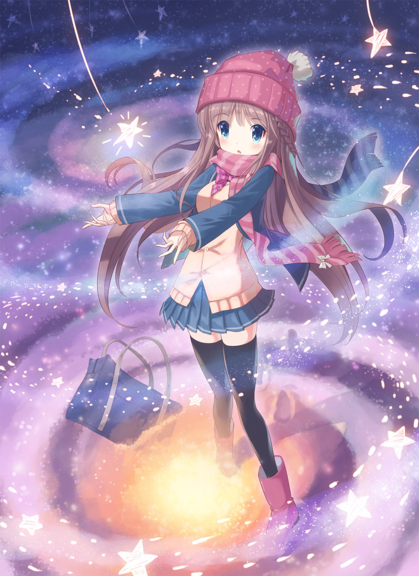 1girl bag beanie black_legwear blue_eyes blush boots bow braid brown_hair cardigan colorful commentary eye_reflection floating_hair french_braid hat highres kankurou light_particles long_hair open_mouth original outstretched_arms pleated_skirt reflection scarf school_bag school_uniform shooting_star skirt solo space star star_(sky) surprised thigh-highs zettai_ryouiki