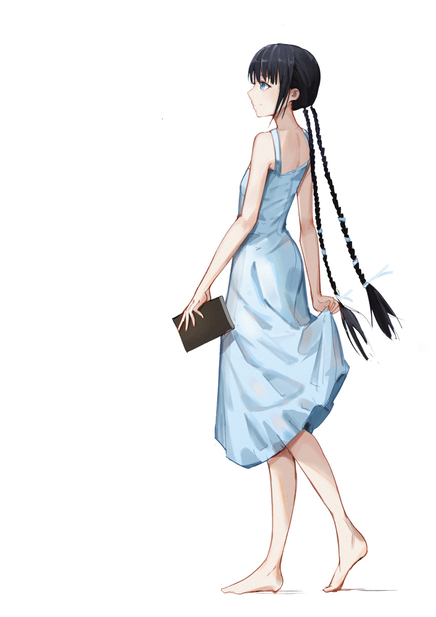 1girl absurdres barefoot black_hair blue_dress blue_eyes book braid character_request copyright_request dress full_body highres holding holding_book luozhou_pile profile skirt_hold solo standing twin_braids