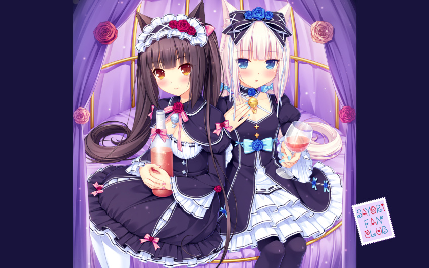 2girls :3 alcohol animal_ears artist_name bangs bell bell_choker black_legwear blue_eyes blue_nails blue_rose blunt_bangs blush bottle bow breasts brown_eyes brown_hair cat_ears chocola_(sayori) choker cleavage cup dress drinking_glass eyebrows_visible_through_hair flower frilled_dress frills glass gothic_lolita hair_bow hairband hand_on_own_chest highres holding holding_drinking_glass jingle_bell lolita_fashion lolita_hairband long_hair looking_at_viewer low_twintails medium_breasts multiple_girls nail_polish nekopara pantyhose pink_nails red_rose ribbon-trimmed_clothes ribbon_trim rose sayori sitting slit_pupils small_breasts twintails vanilla_(sayori) very_long_hair wallpaper white_hair white_legwear wide_sleeves wine wine_bottle wine_glass