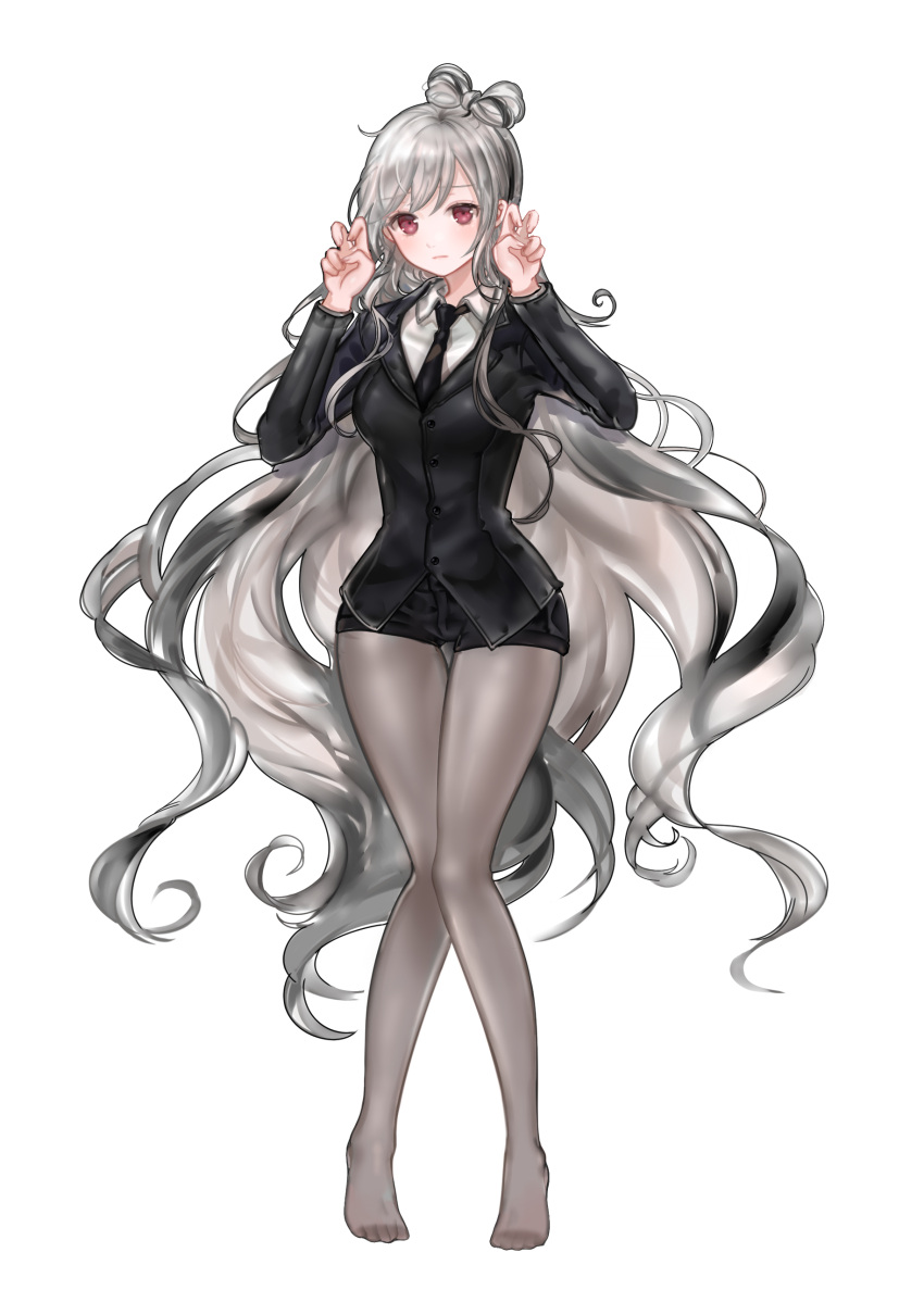 00s 1girl 96dgd absurdres air_quotes black_legwear black_necktie black_shorts black_suit character_request collar dungeon_and_fighter expressionless flush formal full_body grey_hair highres legs_together lips long_hair long_sleeves looking_at_viewer multicolored_hair necktie no_shoes pantyhose red_eyes shiny shiny_clothes shiny_skin short_shorts shorts simple_background suit two-tone_hair very_long_hair white_background