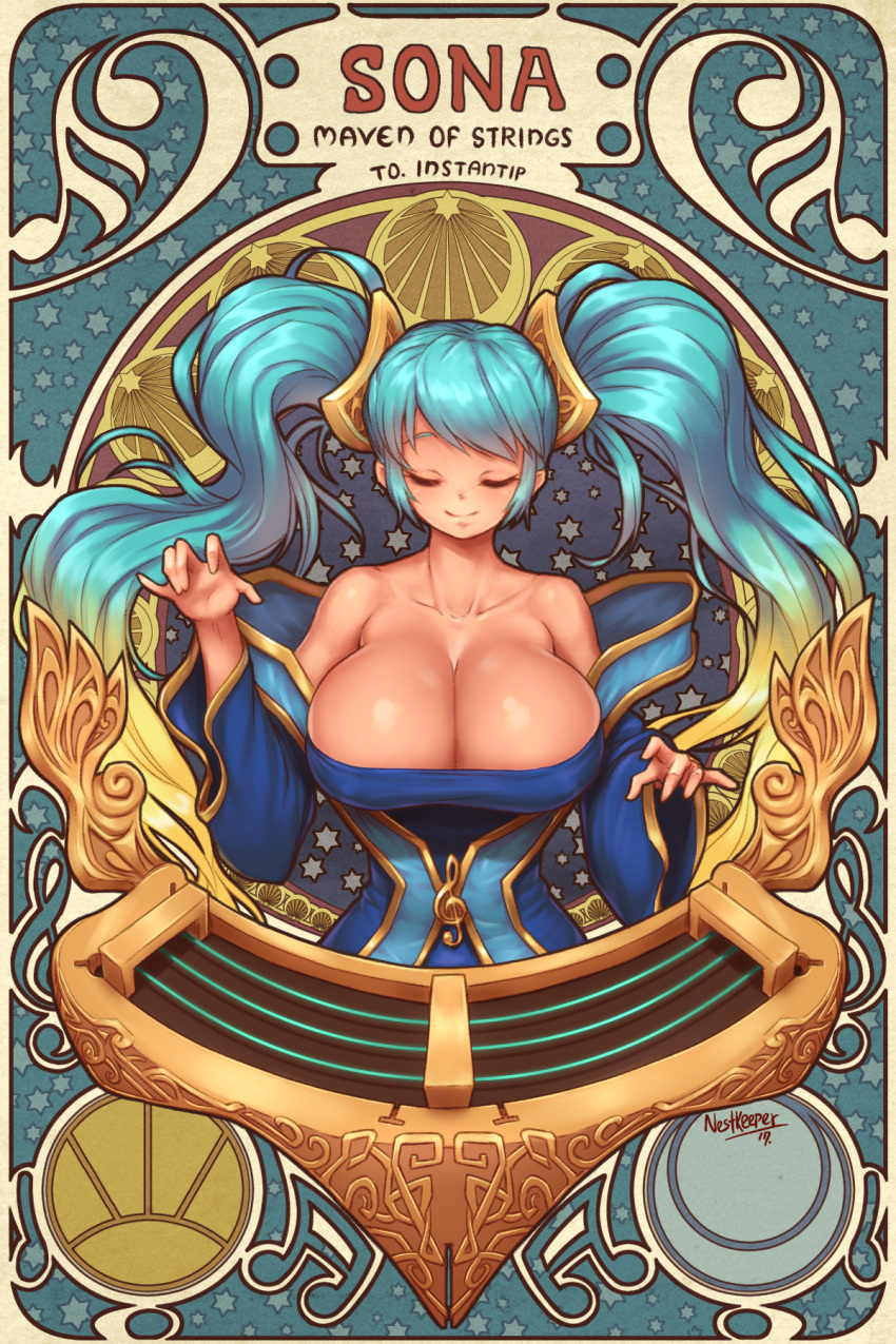 1girl bare_shoulders blue_hair breasts cleavage closed_eyes collarbone detached_sleeves dress english etwahl hair_ornament highres huge_breasts league_of_legends long_hair multicolored_hair musical_note nestkeeper off_shoulder smile solo sona_buvelle star starry_background strapless strapless_dress twintails two-tone_hair upper_body