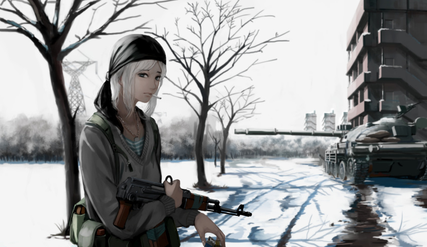 1girl apartment bandanna cigarette ground_vehicle gun highres holding holding_gun holding_weapon jewelry jittsu looking_at_viewer military military_vehicle motor_vehicle necklace original snow solo sweater tank tree weapon white_hair