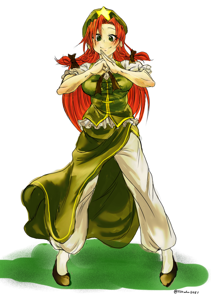 1girl absurdres alternate_costume beret bow braid breasts chinese_clothes fist_in_hand fox_udon full_body grass green_eyes green_shoes green_skirt green_vest hair_bow hat highres hong_meiling long_hair looking_at_viewer medium_breasts muscle muscular_female no_legwear pants redhead ribbon shirt shoes short_sleeves side_slit simple_background skirt skirt_set solo stance star tangzhuang touhou twin_braids twitter_username very_long_hair vest white_background white_pants white_shirt