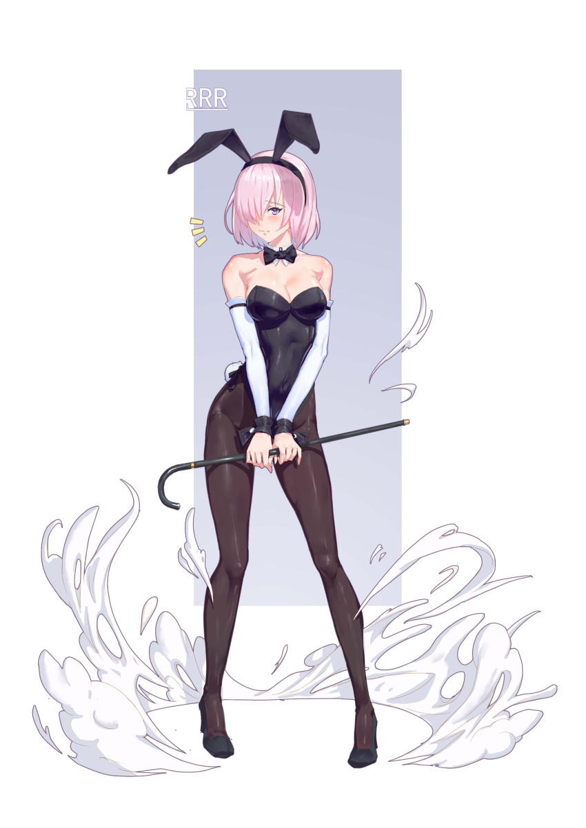 1girl absurdres animal_ears bare_shoulders black_legwear blush bow bowtie breasts bunny_tail bunnysuit cane cleavage detached_collar detached_sleeves fate/grand_order fate_(series) full_body high_heels highres looking_at_viewer pantyhose purple_hair rabbit_ears reisun001 shielder_(fate/grand_order) short_hair smile solo tail violet_eyes