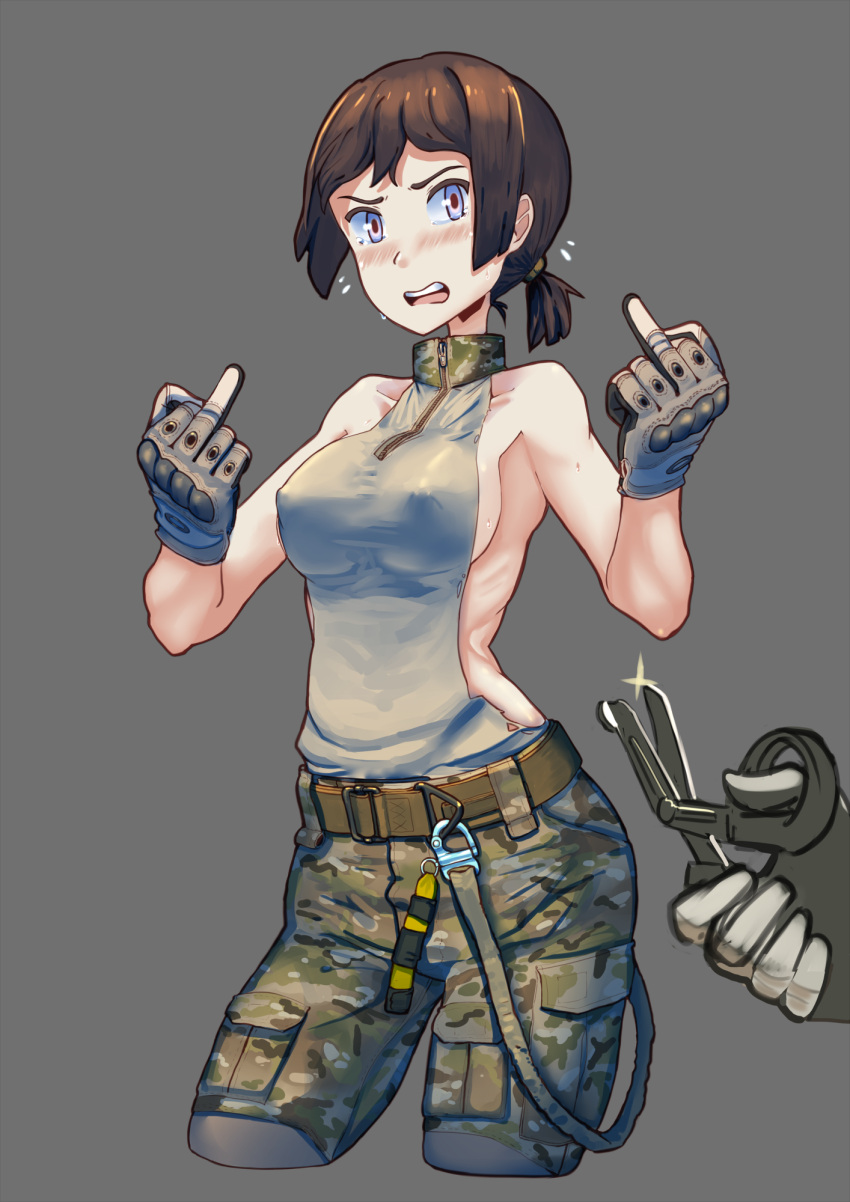1girl bangs bare_arms bare_shoulders belt belt_buckle blue_eyes blush breasts brown_hair buckle camouflage camouflage_shorts cargo_shorts collarbone commentary cowboy_shot cropped_legs erect_nipples erica_(naze1940) eyebrows glint gloves grey_background hair_tie hands_up highres medium_breasts meme_attire middle_finger military nervous open_mouth original out_of_frame parted_bangs ponytail scissors shadow shirt short_hair short_ponytail shorts sideboob simple_background solo_focus strap sweat tactical_clothes taut_clothes taut_shirt tears teeth torn_clothes torn_shirt turtleneck virgin_killer_sweater zipper