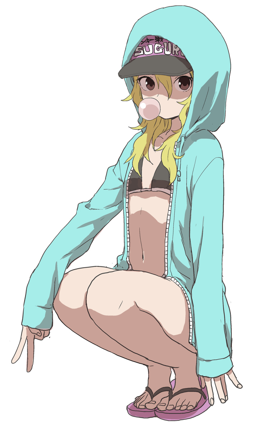 1girl arm_at_side bare_legs baseball_cap bikini black_bikini blonde_hair brown_eyes bubble_blowing chewing_gum clothes_writing collarbone flat_chest full_body hair_between_eyes hand_gesture hat highres hood hood_up hoodie long_hair long_sleeves looking_at_viewer no_socks open_clothes open_hoodie original sandals simple_background sleeves_past_wrists solo squatting swimsuit tareme toenails toes v white_background yamamoto_souichirou