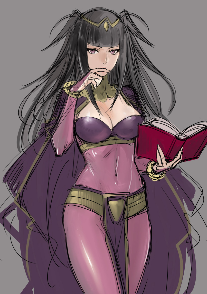 1girl bangs biting_finger black_hair blunt_bangs bodysuit book breasts cleavage fire_emblem fire_emblem:_kakusei highres long_hair looking_at_viewer navel open_book see-through simple_background sketch solo tetsu_(kimuchi) tharja two_side_up violet_eyes