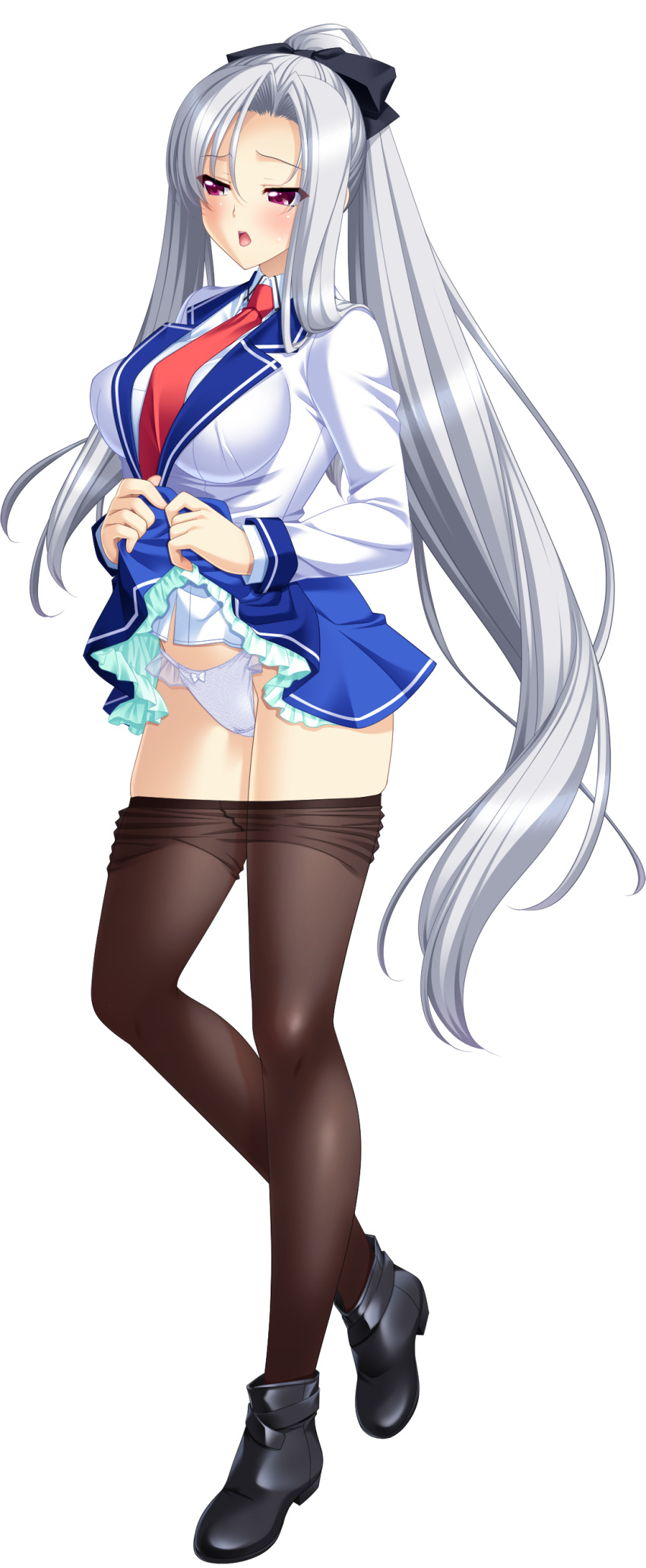 1girl absurdres black_legwear bow bow_panties full_body high_ponytail highres jewelry long_hair long_sleeves necklace open_mouth panties pantyhose pantyhose_pull red_eyes silver_hair skirt skirt_lift solo transparent_background underwear very_long_hair white_panties