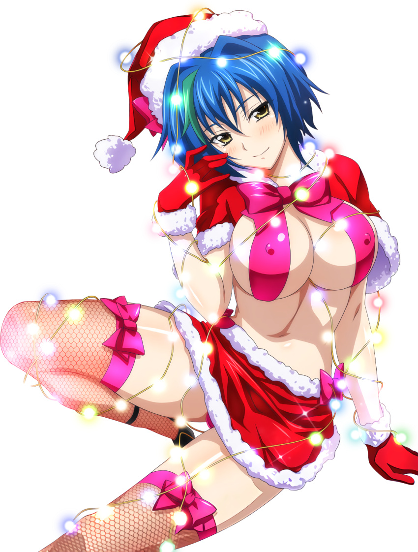 1girl blue_hair bow bowtie breasts capelet cleavage erect_nipples fishnet_legwear fishnets gloves green_hair hair_between_eyes hat head_tilt high_school_dxd highres large_breasts looking_at_viewer miniskirt multicolored_hair panties pink_bow pink_panties red_gloves red_hat red_skirt santa_costume santa_gloves santa_hat short_hair skirt sleeveless smile solo thigh-highs transparent_background two-tone_hair underwear xenovia_(high_school_dxd) yellow_eyes