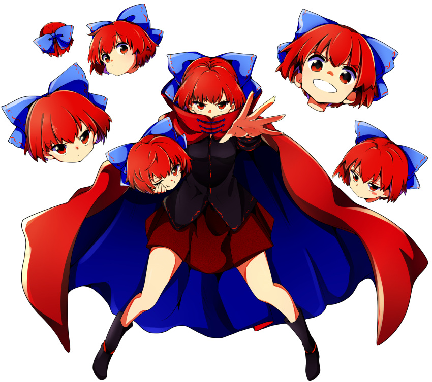 &gt;:( &gt;:d :d ;) baba_(baba_seimaijo) black_shirt blue_bow blush bow cape commentary_request covered_mouth disembodied_head foreshortening full_body grin hair_bow high_collar highres long_sleeves miniskirt multiple_heads nukekubi one_eye_closed open_mouth red_cape red_eyes red_skirt redhead sekibanki shirt short_hair skirt smile touhou transparent_background