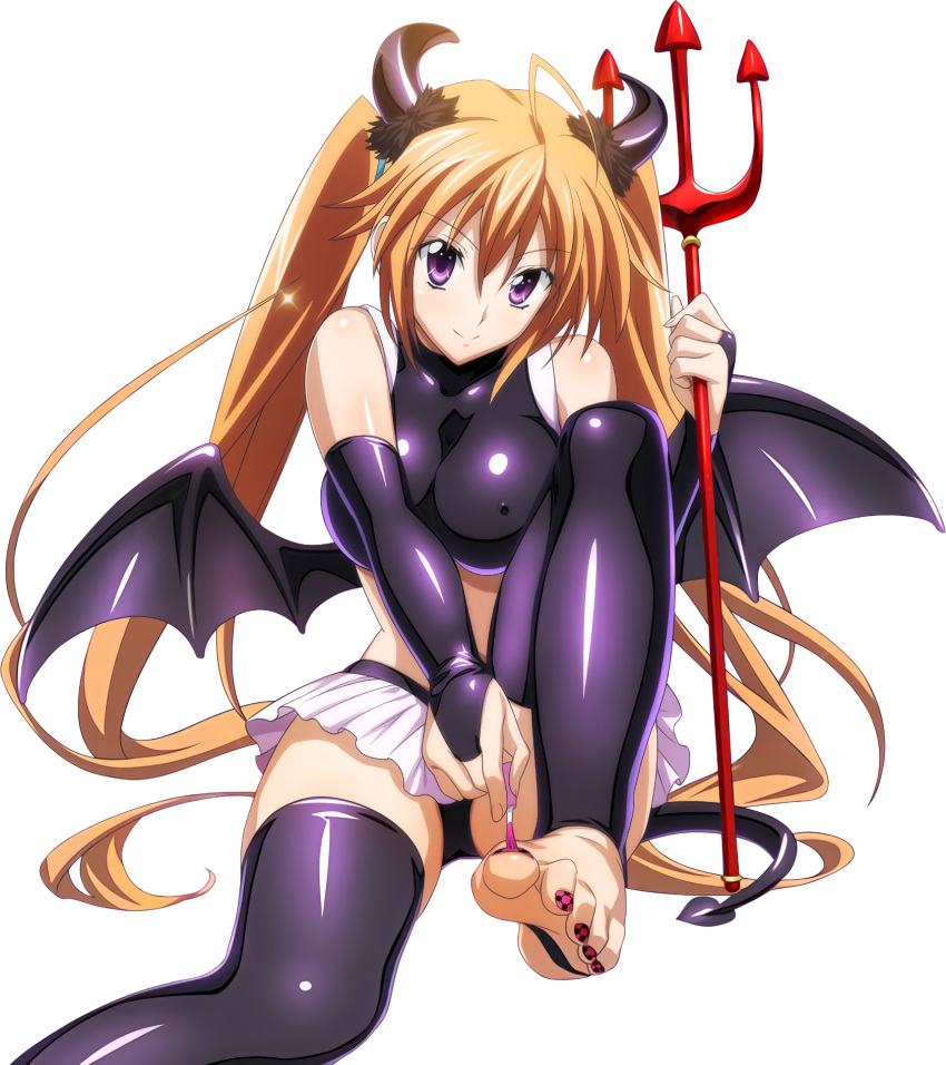 1girl ahoge barefoot black_legwear black_panties breasts breasts_apart bridal_gauntlets crop_top demon_horns demon_tail erect_nipples eyebrows_visible_through_hair fake_horns feet hair_ornament high_school_dxd highres holding holding_weapon horns large_breasts long_hair looking_at_viewer microskirt no_shoes orange_hair panties pleated_skirt polishing shidou_irina shiny shiny_clothes shiny_skin shirt sitting skirt sleeveless sleeveless_shirt smile solo tail tank_top thigh-highs toeless_legwear toenail_polish toes transparent_background twintails underwear very_long_hair violet_eyes weapon white_skirt