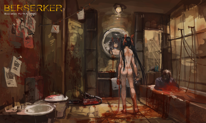 1boy 1girl absurdres artist_name ass bathroom bathtub black_hair blood blood_splatter bloody_feet bow chainsaw closed_mouth cracked_glass frown hair_bow highres holding indoors light long_hair mirror nude original paper pliers red_bow reflection sink standing toilet twintails very_long_hair yu_nuo_yang