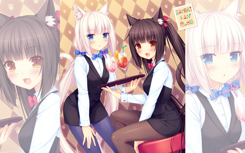 2girls :3 :d alcohol alternate_costume animal_ears argyle argyle_background artist_name bangs between_legs blue_eyes blue_legwear blunt_bangs blush bow bowtie brown_eyes brown_hair brown_legwear cat_ears cat_tail chocola_(sayori) cup drinking_glass drinking_straw eyebrows_visible_through_hair hair_bow hand_between_legs hand_on_own_knee highres holding holding_tray ice ice_cube leaning_forward long_hair long_sleeves looking_at_viewer low_twintails multiple_girls nekopara open_mouth pantyhose pencil_skirt sayori sitting skirt slit_pupils smile tail tray twintails vanilla_(sayori) very_long_hair waitress wallpaper white_hair zoom_layer