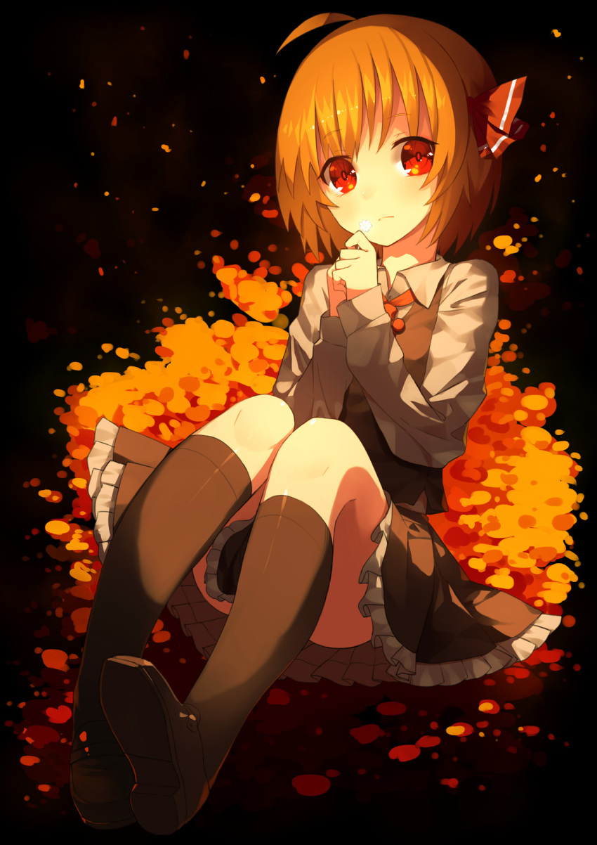 1girl ahoge black_background black_legwear black_shoes black_skirt black_vest blonde_hair collared_shirt fetal_position flower frilled_skirt frills hair_ribbon highres holding holding_flower long_sleeves looking_at_viewer red_eyes red_ribbon ribbon rumia sh_(562835932) shirt shoe_soles shoes short_hair skirt solo touhou vest white_shirt