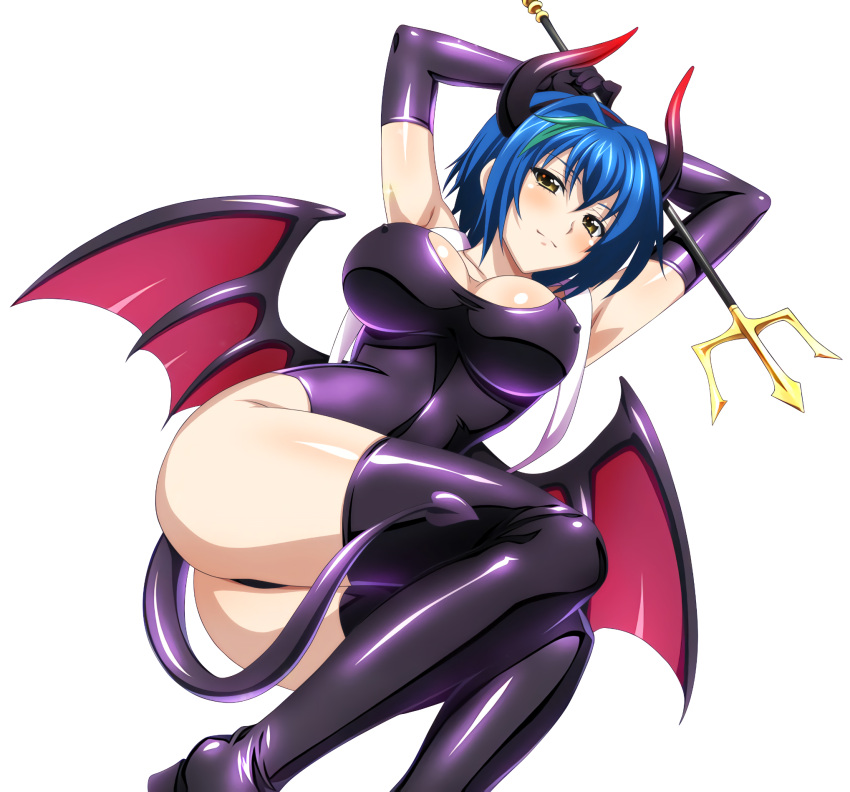 1girl arms_up black_gloves black_legwear black_leotard blue_hair breasts cleavage demon_tail demon_wings elbow_gloves erect_nipples gloves green_hair high_school_dxd highres holding holding_weapon large_breasts leotard looking_at_viewer multicolored_hair shiny shiny_clothes shiny_skin short_hair sleeveless solo tail thigh-highs transparent_background two-tone_hair weapon wings xenovia_(high_school_dxd) yellow_eyes