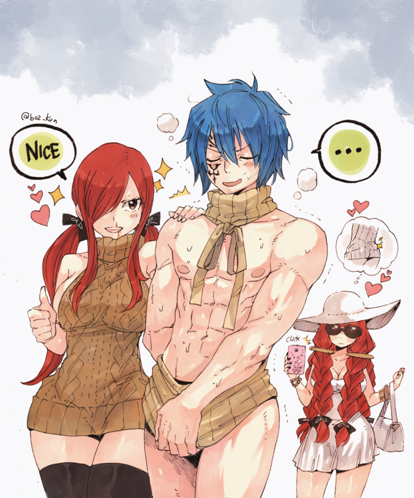 ... 1boy 2girls abs ass blood blue_hair blush breasts cellphone cellphone_camera crossdressinging erza_scarlet fairy_tail hat highres irene_belserion jellal_fernandes meme_attire multiple_girls nosebleed phone redhead rusky speech_bubble spiky_hair spoken_ellipsis sun_hat sunglasses tattoo thigh-highs virgin_killer_sweater