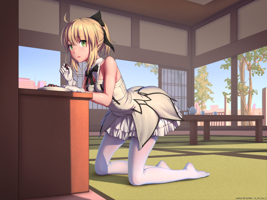 1girl ahoge bare_shoulders black_bow black_bowtie blonde_hair bow bowtie breasts chocolate cup day detached_collar dress fate/stay_night fate_(series) from_side full_body gloves green_eyes hair_bow highres indoors kneeling looking_at_viewer looking_to_the_side medium_breasts pantyhose parted_lips ponytail saber saber_lily sliding_doors solo sunlight table tatami teapot tokinohimitsu white_day white_dress white_gloves white_legwear yunomi