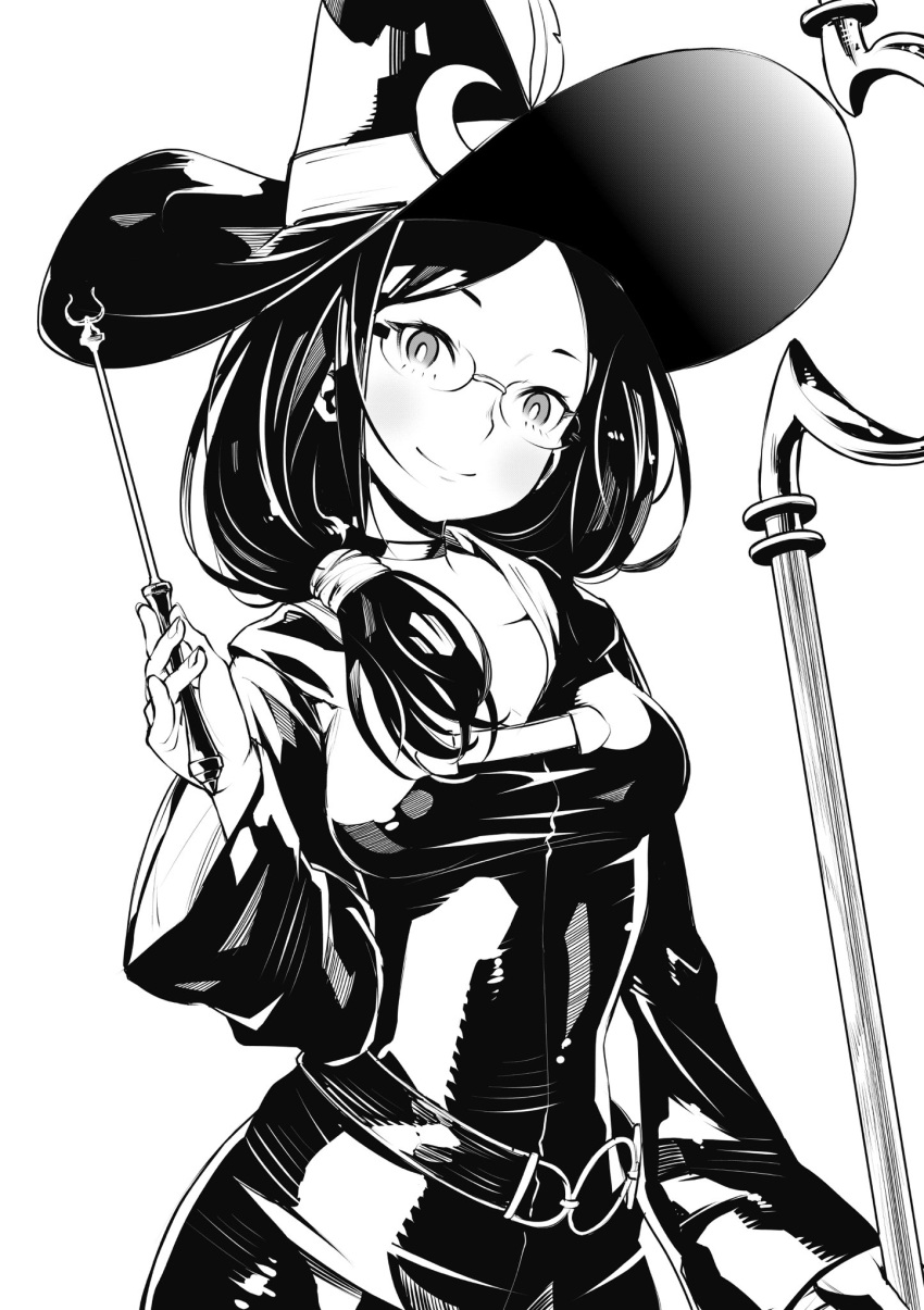 1girl blush breasts broom choker collarbone covered_navel crescent dress fukushima_masayasu glasses greyscale hair_over_shoulder hat hat_feather highres hood little_witch_academia long_hair long_sleeves looking_at_viewer monochrome rimless_glasses robe side_ponytail simple_background smile solo ursula_(little_witch_academia) wand white_background wide_sleeves witch witch_hat