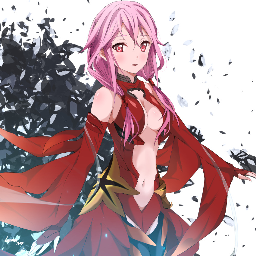 1girl absurdres bare_shoulders black_legwear breasts center_opening cleavage detached_sleeves elbow_gloves fingerless_gloves gloves guilty_crown hair_ornament hairclip hanawi_nova highres long_hair medium_breasts navel open_mouth pink_hair red_eyes smile solo twintails yuzuriha_inori