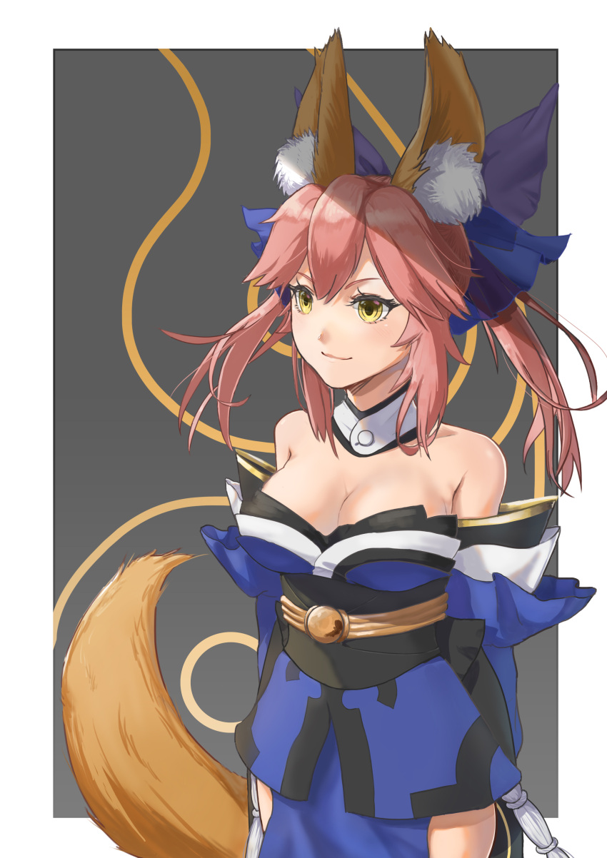 1girl absurdres animal_ears bell bell_collar bow breasts cleavage collar detached_sleeves fate/extella fate/extra fate_(series) fox_ears fox_tail hair_bow hair_ribbon hexas highres japanese_clothes pink_hair ribbon solo tail tamamo_(fate)_(all) tamamo_no_mae_(fate) yellow_eyes