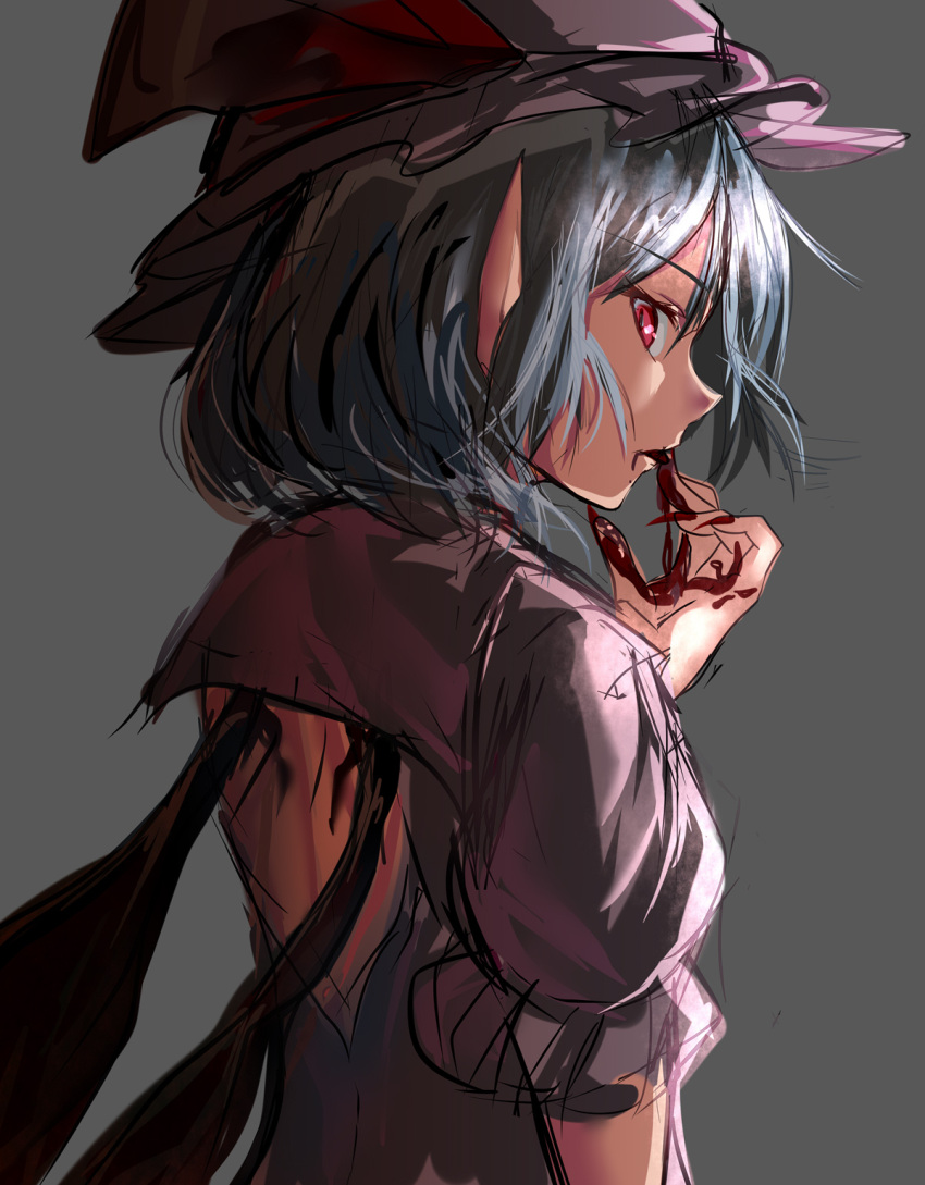 1girl back_cutout bat_wings blood_on_fingers blue_hair dress finger_licking fingernails grey_background hat highres hizagawa_rau licking long_fingernails mob_cap pink_dress pink_hat profile puffy_short_sleeves puffy_sleeves redhead remilia_scarlet sharp_fingernails short_hair short_sleeves simple_background sketch slit_pupils solo touhou upper_body vampire wings