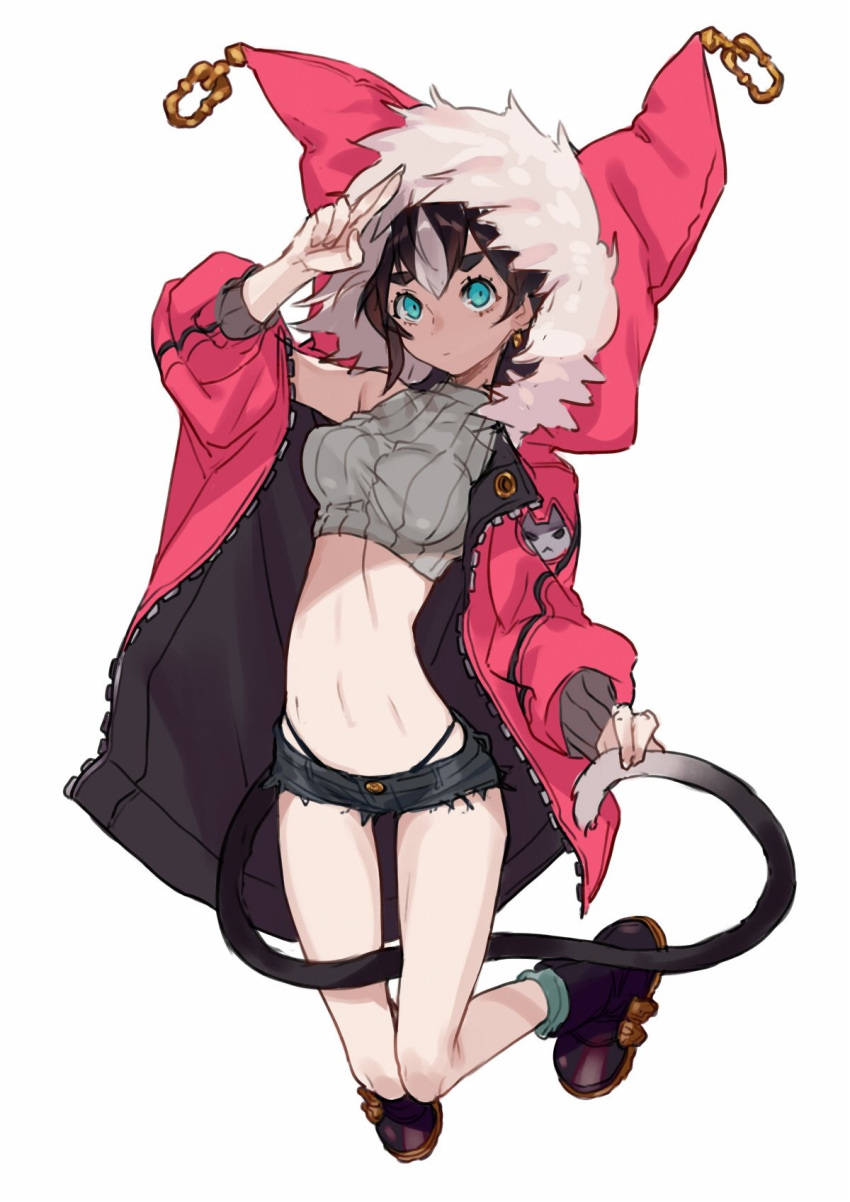 1girl aqua_eyes black_shorts breasts brown_hair brown_shoes cat_tail crop_top earrings full_body highres hood hoodie jewelry long_sleeves looking_at_viewer medium_breasts navel original salute shoes short_shorts shorts simple_background sketch solo tail taut_clothes thick_eyebrows white_background yuu_(higashi_no_penguin)