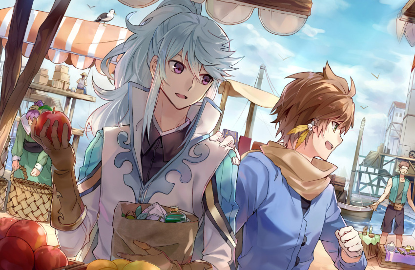 2boys bag bird boat brown_hair day earrings feather_earrings food fruit gloves green_eyes highres holding holding_fruit jewelry long_hair long_sleeves looking_at_another male_focus market mikleo_(tales) multiple_boys ocean open_mouth outdoors qitoli seagull sorey_(tales) standing sword tales_of_(series) tales_of_zestiria violet_eyes watercraft weapon