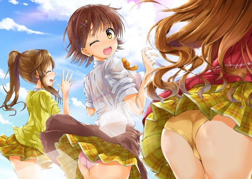 ;d ass blush bow bowtie bra breasts brown_hair cardigan_around_waist clouds flying_sweatdrops hair_ornament hairclip highres hino_akane_(idolmaster) honda_mio idolmaster idolmaster_cinderella_girls kuria_(clear_trip_second) long_hair multiple_girls one_eye_closed open_mouth panties pantyshot pantyshot_(standing) pink_bra pink_panties plaid plaid_skirt ponytail positive_passion see-through shirt short_hair skirt sky smile standing sweat sweating takamori_aiko underwear wet wet_clothes white_shirt yellow_panties