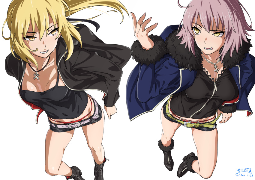 2girls :d belt blonde_hair blue_jacket breasts camisole casual fate/grand_order fate/stay_night fate_(series) fur_trim high_heels highres jacket jeanne_alter jewelry long_hair midriff_peek multiple_girls necklace open_clothes open_jacket open_mouth panties panty_slip ponytail purple_hair red_panties ruler_(fate/apocrypha) saber saber_alter short_hair short_shorts shorts simple_background smile suna teeth thong underwear white_background yellow_eyes
