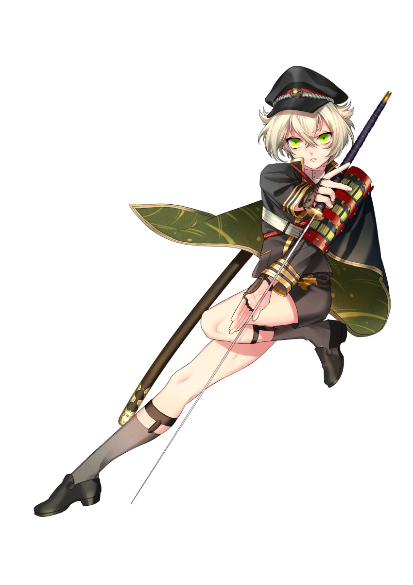 1boy armor cape garters green_eyes grey_legwear hat highres hokora_(n70) hotarumaru japanese_armor kneehighs male_focus ootachi shorts silver_hair sock_garters sode sword touken_ranbu weapon