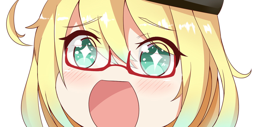 +_+ 1girl ahoge blonde_hair close-up eyebrows_visible_through_hair glasses green_eyes hair_between_eyes hat i-8_(kantai_collection) kantai_collection looking_at_viewer no_nose open_mouth semi-rimless_glasses simple_background sin-poi solo sparkling_eyes symbol-shaped_pupils under-rim_glasses white_background